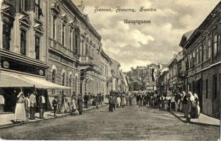 Zimony, Zemun, Semlin; Hauptgasse / Fő utca, üzletek, kávéház. Verlag D. M. Levy, Photo Glanz / main street, shops, café