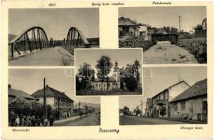 Perecseny, Perechyn, Perecin; Híd, Görögkatolikus templom, Patak, utcakép, Hangya Szövetkezet üzlete és saját kiadása / bridge, Greek Catholic church, creek, street view, cooperative shop (EK)