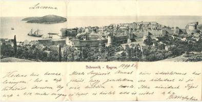 1899 Dubrovnik, Ragusa; 3-részes kihajtható panorámalap / 3-tiled foldable panoramacard (hajtásnál szakadt / bent till broken)