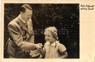 Adolf Hitler with child. NSDAP German Nazi Party propaganda, hand-drawn swastika, Heil Hitler! on the backside + 1938 April 20. Der Führers Geburtstag So. Stpl.