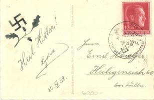 Adolf Hitler with child. NSDAP German Nazi Party propaganda, hand-drawn swastika, "Heil Hitler!...