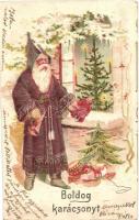 Boldog Karácsonyt! / Christmas greeting card. Saint Nicholas with gifts and Christmas tree. Emb. litho (EK)