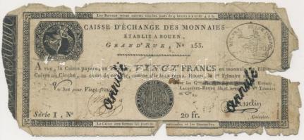 Franciaország / Rouen 1797-1803. 20Fr annulé (érvénytelen) felülbélyegzéssel T:IV  France / Rouen 1797-1803. 20 Francs annulé (cancelled) C:G  Krause S245a