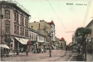Miskolc, Széchenyi utca, Pannonia szálloda és kávéház, Gyógyszertár, Apolló színház, villamos, kerékpár, üzletek