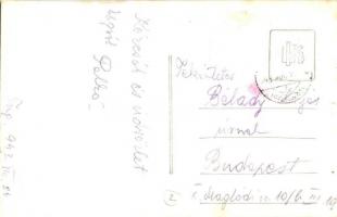 1943 Tiszaug, Strandfürdő, fürdőzők, híd, Szántó László üzlete, Dreher sörök. photo