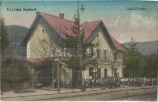 Rahó, Rahau, Rakhiv (Máramaros); Vasútállomás, létra. Feig Bernátné kiadása / railway station, ladder