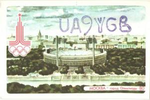 8 db modern QSL, azaz rádióamatőr összeköttetést igazoló képeslap, Moszkvai olimpia reklámlapjai  / ...