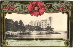 Trieste, Trst; Miramar castle. L. Smolars Art Nouveau, floral, litho frame