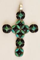 Ezüst(Ag) kereszt türkiz és ónix kövekkel, jelzett, 6,5×4,5 cm, bruttó: 11,8 g