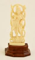 Laksmi hindu istennő, a gazdagság és jószerencse istennőjének faragott, csont szobrocskája, fa talapzaton, szobor: 6,5 cm, talapzattal: 8 cm