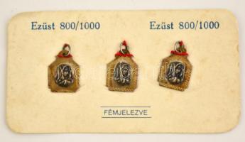 Ezüst(Ag) Mária medál, 3 db, jelzett, 1,5x1 cm, papírlapra rögzítve