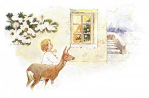 5 db régi Márton L. grafika, vallás, népviselet motívumok / 5 pre-1945 Marton L. graphic art postcar...