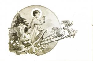 5 db régi Márton L. grafika, vallás, népviselet motívumok / 5 pre-1945 Marton L. graphic art postcar...