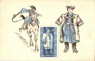 5 db RÉGI magyar népviseletes motívumlap díszes bélyegekkel / 5 pre-1945 Hungarian folklore art post...