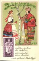 5 db RÉGI magyar népviseletes motívumlap díszes bélyegekkel / 5 pre-1945 Hungarian folklore art post...