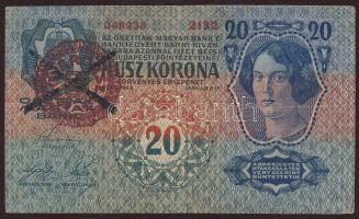 1913. 20K piros "Magyarország" körbélyegővel, ez Andráskereszttel érvénytelenítve T:II/III+