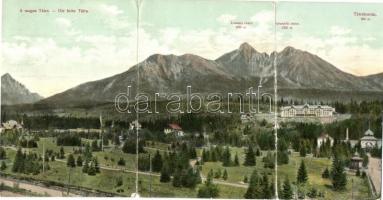 Tátralomnic, Tatranska Lomnica; Lomnici és Késmárki csúcs. Divald Károly 1908. Három-részes panorámalap / mountain peaks with hotels. 3-tiled panoramacard (Rb)