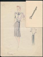 Jelzés nélkül: Divatrajzok. Vegyes technika, papír, pauszpapír, 25×16 és 34×21 cm között + meghívó d...