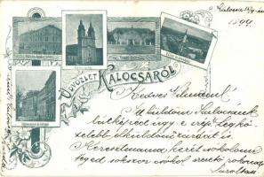 1899 Kalocsa, Főgimnázium és csillagda, Törvénykezési palota, székesegyház, érseki palota, zárda, árvaház. Floral, Art Nouveau (fa)