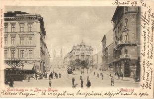 1899 Budapest VIII. Baross utca, Matild Udvar, Márkus üzlete, sörcsarnok, villamosok (EK)