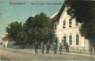 Dicsőszentmárton, Tarnaveni, Diciosanmartin; Gara si magazia Bancii comerciale / Vasútállomás, Kereskedelmi Bank raktára, létra / railway station, bank store, ladder (EB)