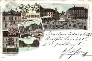 1898 Zagreb, Zágráb; Jelacicev trg., Preradovicev spomenik, Maximir,  Akademicki trg, Spomenik Sv. Jurja / squares, statues, lake. Art Nouveau, floral, litho (szakadás / tear)