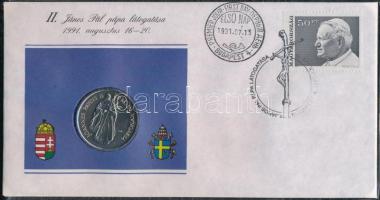 1991. 100Ft Cu-Ni II. János Pál pápa látogatása Magyarországon érmés borítékban, első napi bélyegzéssel, tájékoztatóval, eredeti műbőr tokban T:BU