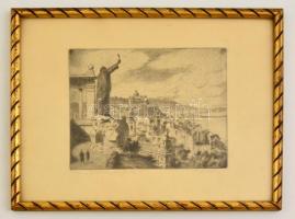 Bajor Ágost (1892-1958): Kilátás a Gellérthegyről. Rézkarc, papír, jelzett, üvegezett keretben, 12,5×15,5 cm