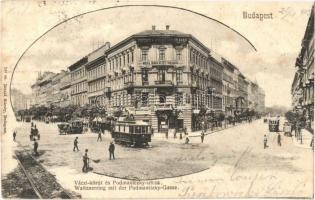 Budapest VI. Váci körút és Podmaniczky utca, villamosok, Teutsch B. József erdélyi borai, Weiss és Társa Betéti Társaság, utcaseprő, csendőr. Divald Károly 246. (EK)