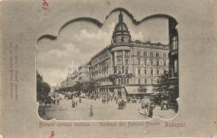 Budapest VIII. Nemzeti színház bérháza, Szikszay Ferenc étterme és kávéháza, villamosok. Divald Károly 241. sz. (EB)