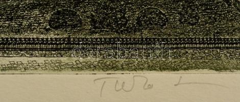 Tuka László (1924-2007): Házak a Várnegyedben. Színes rézkarc, karton, jelzett, 25×39 cm