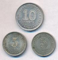 Malaya / Brit gyarmat 1943. 10c Ag + 1945. 5c Ag + 1945I 5c Ag "VI. György" T:1-,2 kis pat...