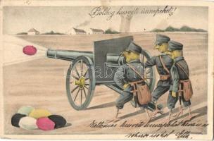 Boldog Húsvéti Ünnepeket! / WWI Austro-Hungarian K.u.K. military Easter greeting card with chicken soldiers and cannon. H. H. i. W. Serie 1337. (EK)