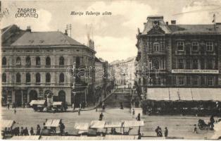 1908 Zagreb, Zágráb, Agram; Marije Valerije ulica, Prvoc osjecuravajucec zavoda za vojnicke sluzbe / street view with market vendors, shop of Rudolf Kralj, insitution of military service