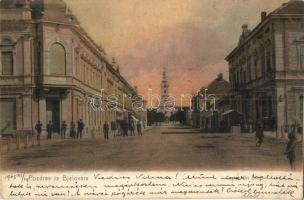 1905 Belovár, Bjelovar; utcakép, templom, Dragoner üzlete / street view with church and shop