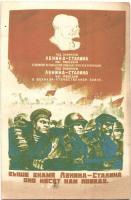 The banner of Lenin-Stalin brings us the victory! Soviet military propaganda card (kis szakadás / small tear)