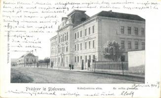 1904 Belovár, Bjelovar; Kukuljeviceva ulica, Kr. velika gimnazija / street view with grammar school (EK)