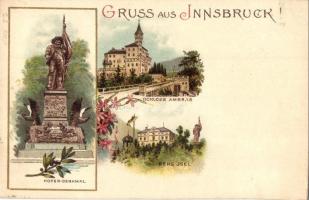 1900 Innsburck, Hofer-Denkmal, Berg Isel, Schloss Ambras / statue, villa, castle. Floral, litho (EK)