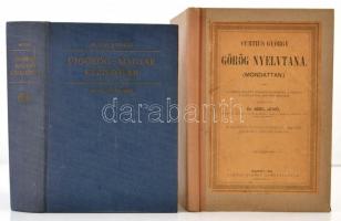 Vegyes görög nyelvvel foglalkozó könyvtétel, 2 db:  Mohay András: Újgörög-magyar kéziszótár. Bp.,1988, Akadémiai Kiadó.  Curtius György: Görög nyelvtan. (Mondattan.) Fordította: Dr. Ábel Jenő. Bp.,1885, Lampel Róbert. Átkötött félvászon-kötés.