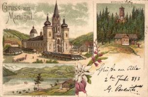 1893 (Vorläufer!) Mariazell, Bürger Alpl, Erlaf See, Kirche / church, lake, rest house. Floral, litho (EK)