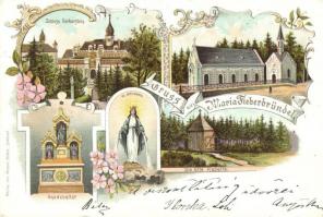 1901 Maria Fieberbründl (Kaibing), Schloss Herberstein, alte Kapelle, Hl. Brunnen, Gnadenaltar / church interior, castle, altar, chapel. Art Nouveau, floral, litho