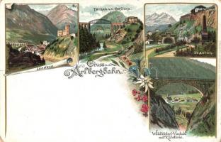1900 Arlbergbahn, Landeck, Trisanna Brücke, St. Anton, Wäldlitobel Viadukt mit Klösterle / Arlberg railway with stations and viaducts. Floral, litho (tear)