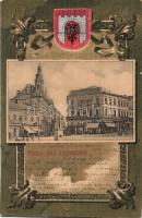 1905 Chernivtsi, Czernowitz; Cafe Habsburg, Hotel Belle-Vue, J. Traub / square with shops, cafe and hotel and restaurant. Coat of arms, Art Nouveau, litho frame