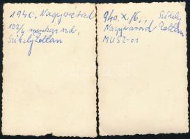 1940 Nagyvárad, Munkaszolgálatosok, hátoldalon feliratozott fotó, 2 db, 8,5×6 cm