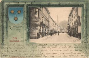 1901 Celje, Cilli; Hauptplatz. Verlag Fritz Rasch / main square. coat of arms litho frame