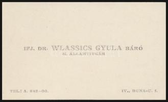 1930 Ifj. Dr. Wlassics Gyula báró államtitkár névjegykártyája, hátoldalon kézzel írt soraival