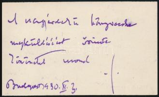 1930 Ifj. Dr. Wlassics Gyula báró államtitkár névjegykártyája, hátoldalon kézzel írt soraival