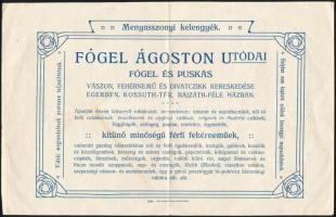 1911 Eger, Fogel Ágoston díszes számla, a hátoldalán hirdetéssel, fejléces borítékkal.