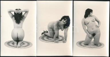 Hölgy kerek szőnyeggel, 3 db erotikus fotó, 14×9 cm