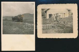 cca 1930-1940 Sínautó és vasúti hajtány, 2 db fotó, 6×7 és 8×6 cm